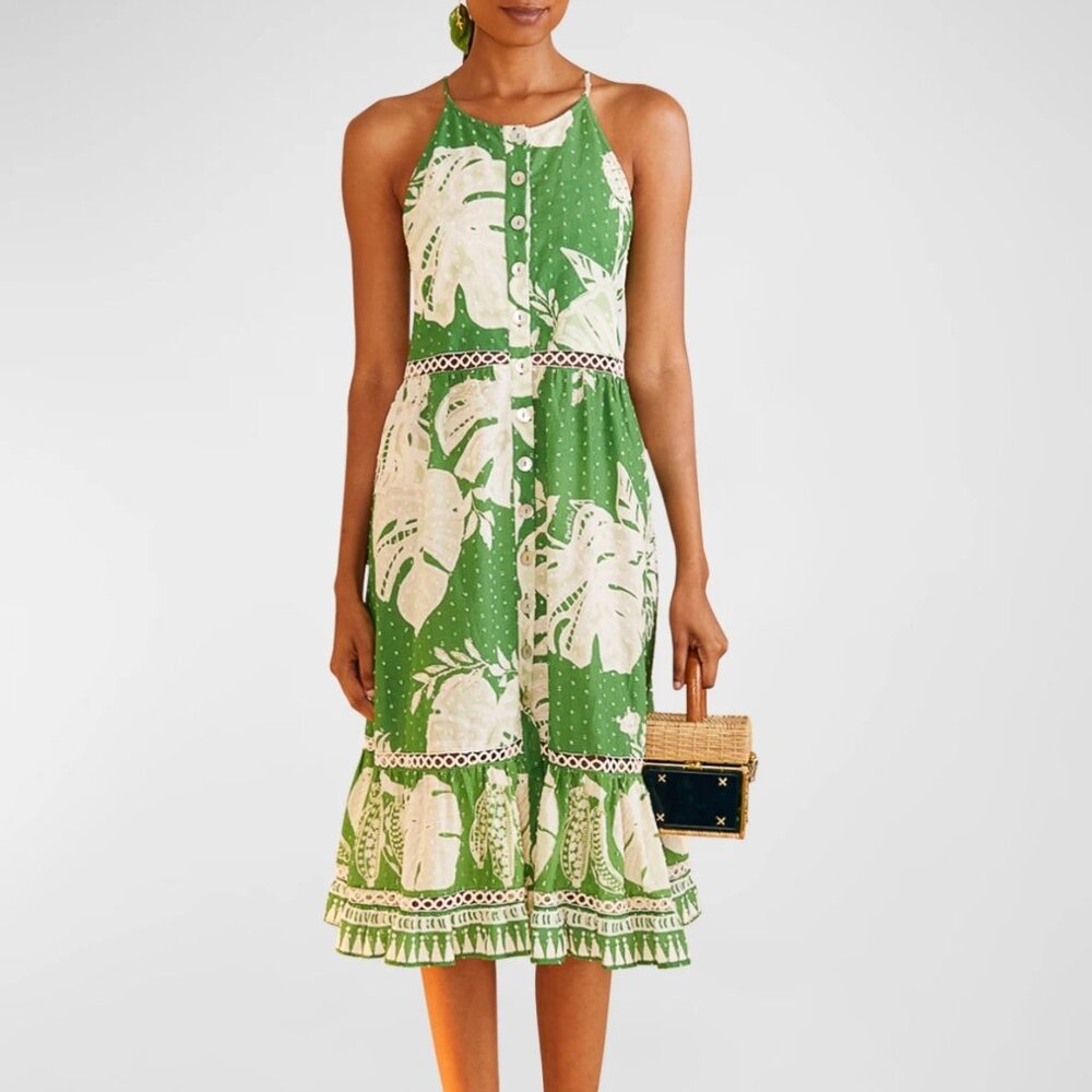 Farm Rio Lace Monsteras Embroidered Ruffle-Hem Midi Dress Green XS NWT